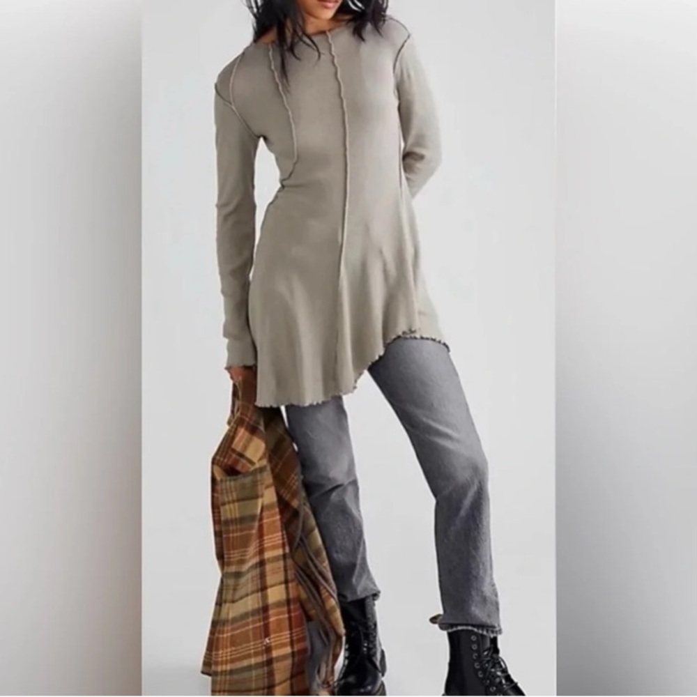 We The Free People Full Swing Asymmetrical Hem Slouchy Tunic Taupe/Beige